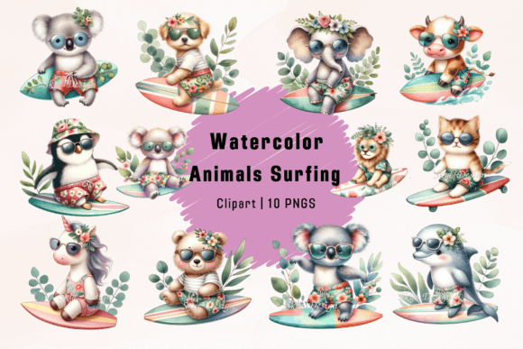 Catch the Wave with Watercolor Animals Surfing Clipart