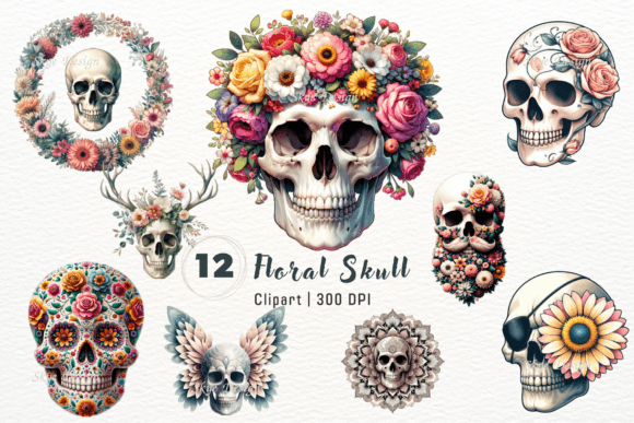 Watercolor Floral Skull Clipart: Merging Dark Aesthetics with Botanical Beauty